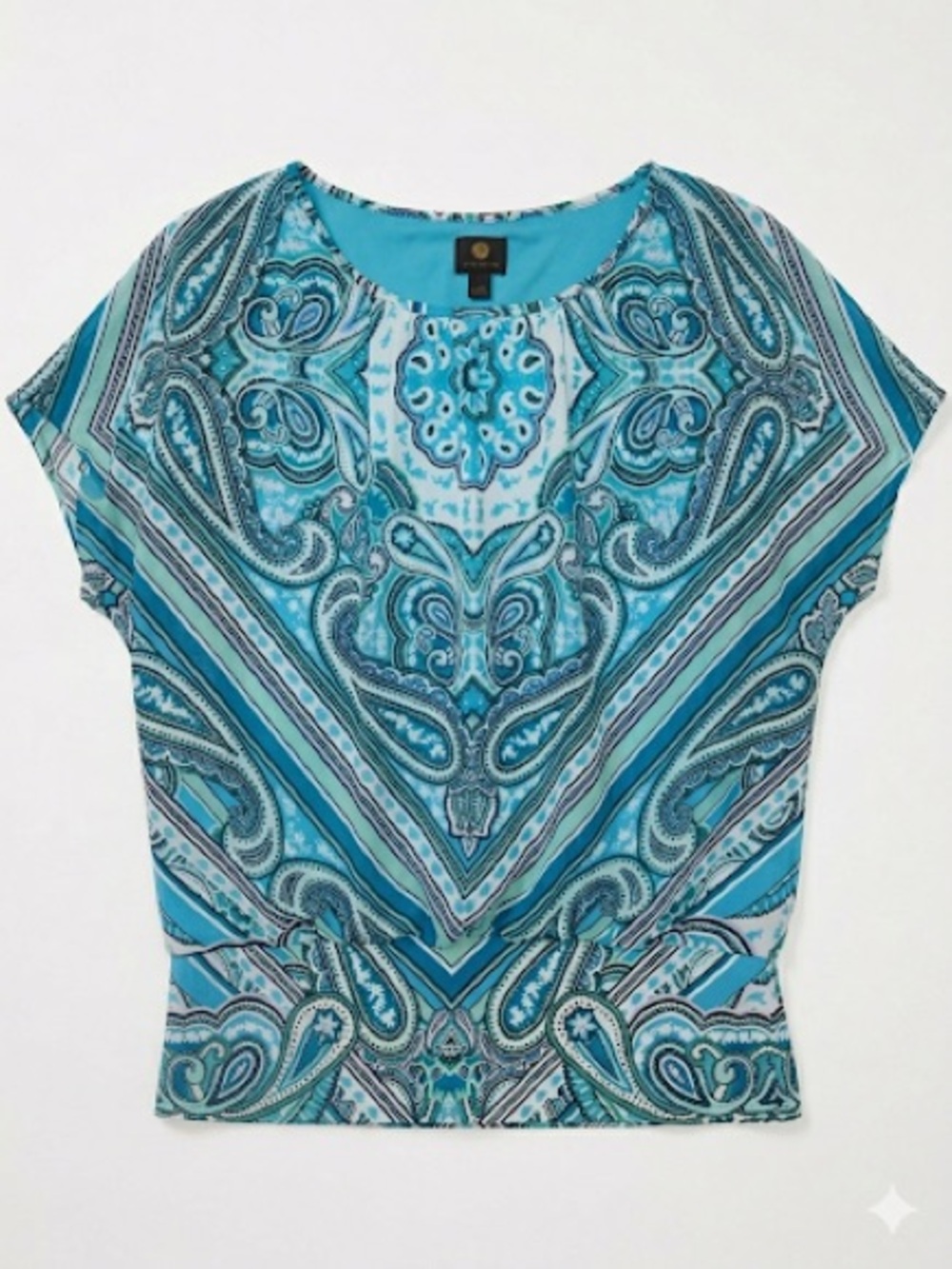 JM Collection Turquoise Blue Paisley Short Sleeve Top